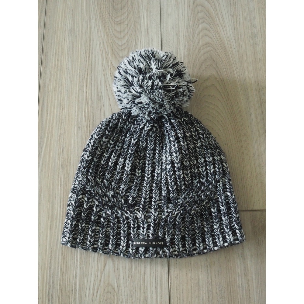 Rebecca Minkoff Marled Black White Knit Beanie Pom Pom One Size Excellent Hat